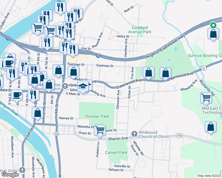 map of restaurants, bars, coffee shops, grocery stores, and more near 1166 Greenwood Avenue in Zanesville