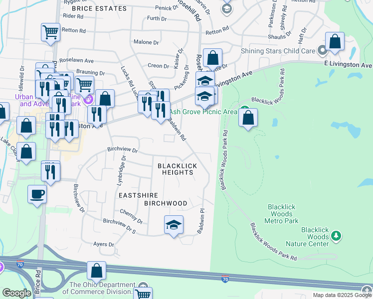 map of restaurants, bars, coffee shops, grocery stores, and more near 2025 Baldwin Road in Reynoldsburg