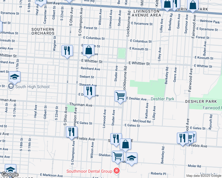 map of restaurants, bars, coffee shops, grocery stores, and more near 1111 Stewart Avenue in Columbus