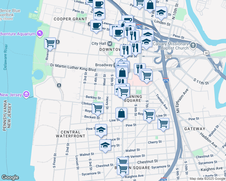 map of restaurants, bars, coffee shops, grocery stores, and more near 420 South 5th Street in Camden
