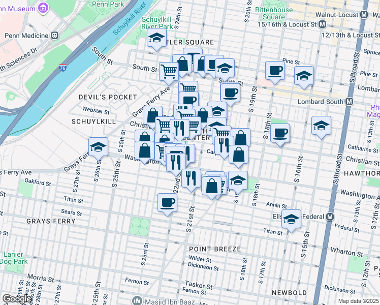 map of restaurants, bars, coffee shops, grocery stores, and more near 2127 Kimball Street in Philadelphia