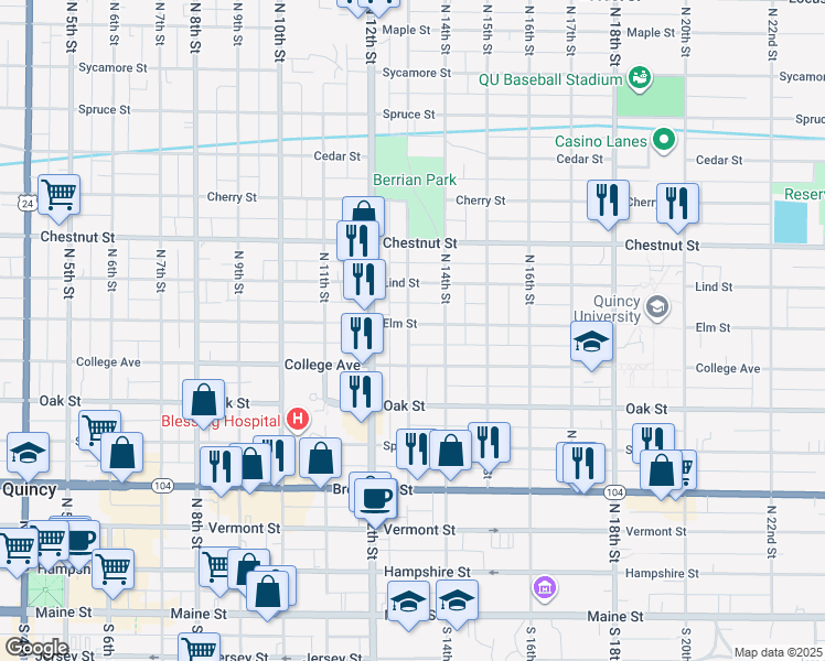 map of restaurants, bars, coffee shops, grocery stores, and more near 1300 Elm Street in Quincy
