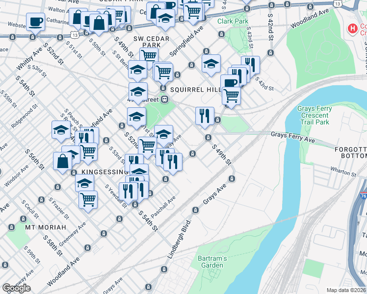 map of restaurants, bars, coffee shops, grocery stores, and more near 1324 South 50th Street in Philadelphia