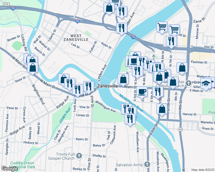 map of restaurants, bars, coffee shops, grocery stores, and more near in Zanesville