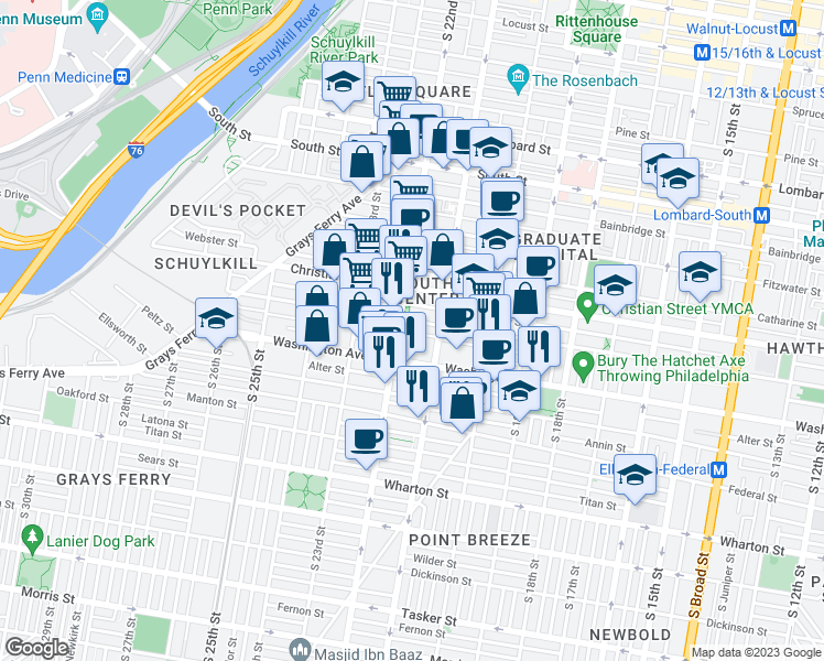 map of restaurants, bars, coffee shops, grocery stores, and more near 2131 Kimball Street in Philadelphia