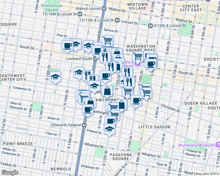 map of restaurants, bars, coffee shops, grocery stores, and more near 1230 Catharine Street in Philadelphia