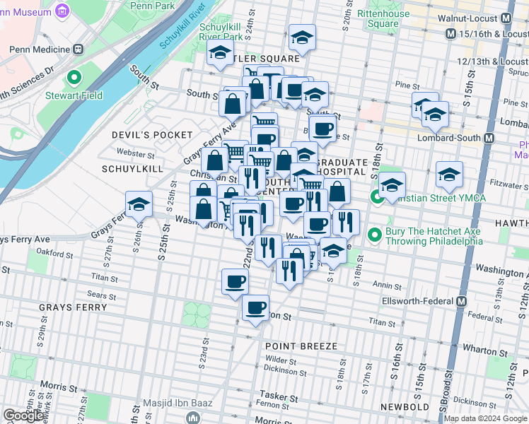 map of restaurants, bars, coffee shops, grocery stores, and more near 2131 Kimball Street in Philadelphia