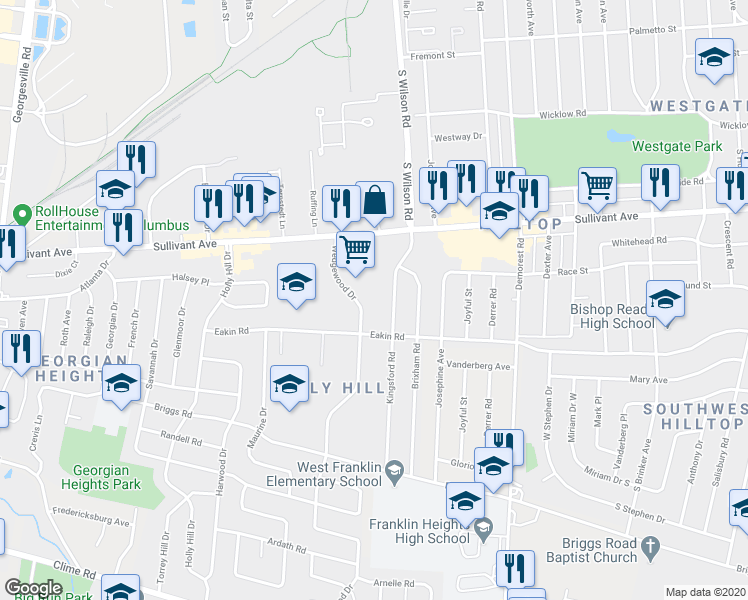 map of restaurants, bars, coffee shops, grocery stores, and more near 674 Wedgewood Drive in Columbus