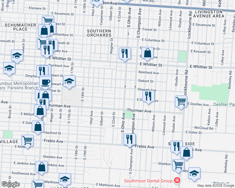 map of restaurants, bars, coffee shops, grocery stores, and more near 1193-1195 South Ohio Avenue in Columbus