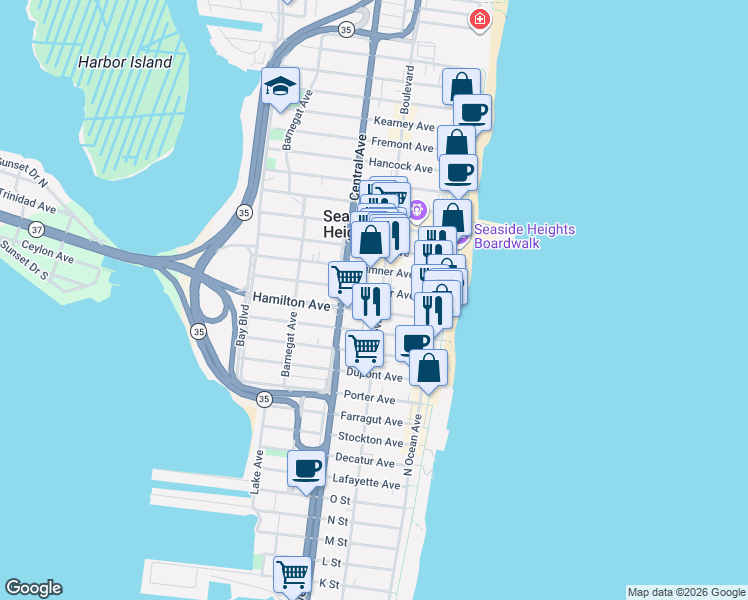 map of restaurants, bars, coffee shops, grocery stores, and more near 117 Webster Avenue in Seaside Heights