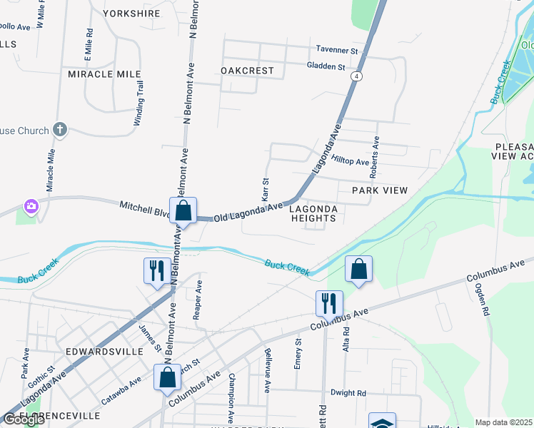 map of restaurants, bars, coffee shops, grocery stores, and more near 2335 Old Lagonda Avenue in Springfield