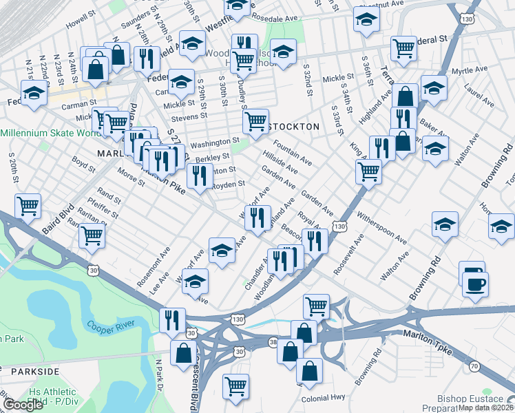map of restaurants, bars, coffee shops, grocery stores, and more near 3004 Waldorf Avenue in Camden