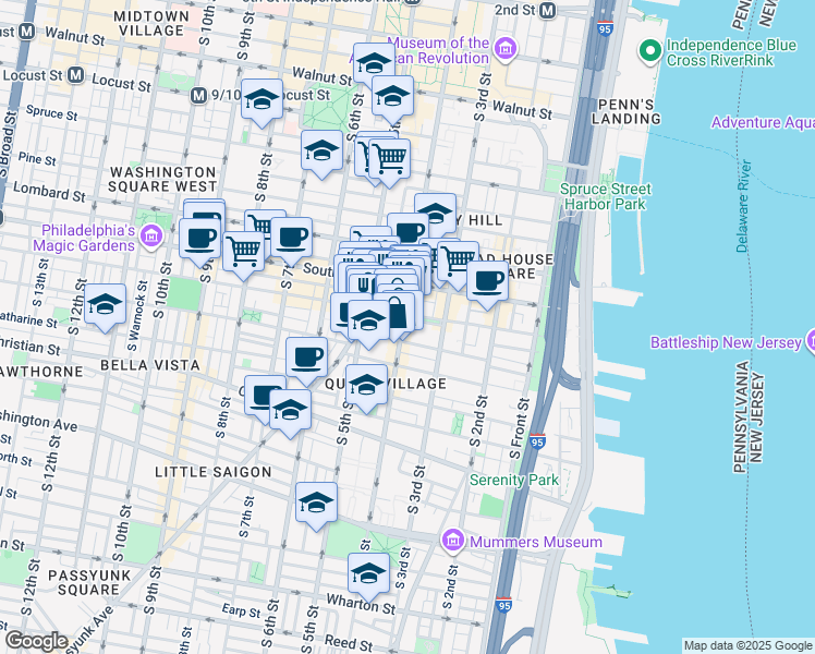 map of restaurants, bars, coffee shops, grocery stores, and more near 703 1/2 South 4th Street in Philadelphia