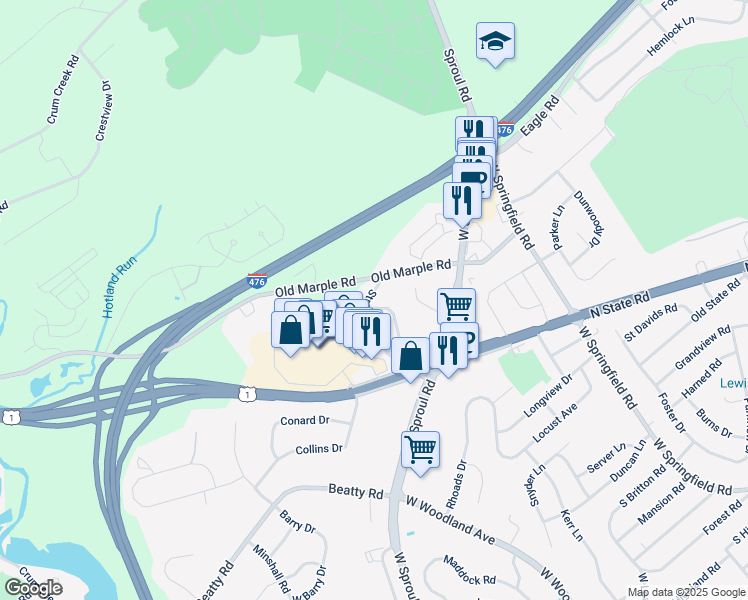 map of restaurants, bars, coffee shops, grocery stores, and more near 21 Stratford Drive in Springfield
