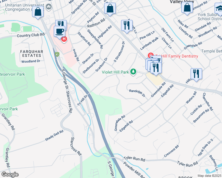 map of restaurants, bars, coffee shops, grocery stores, and more near 1611 Detwiler Court in York