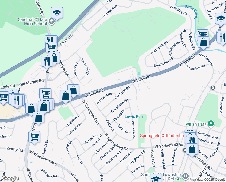map of restaurants, bars, coffee shops, grocery stores, and more near 70 Saint Davids Road in Springfield