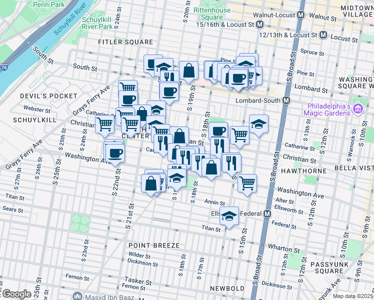 map of restaurants, bars, coffee shops, grocery stores, and more near 1832 Montrose Street in Philadelphia