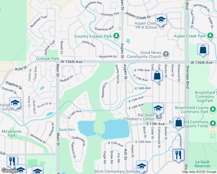 map of restaurants, bars, coffee shops, grocery stores, and more near 1647 Prairie Falcon Lane in Broomfield