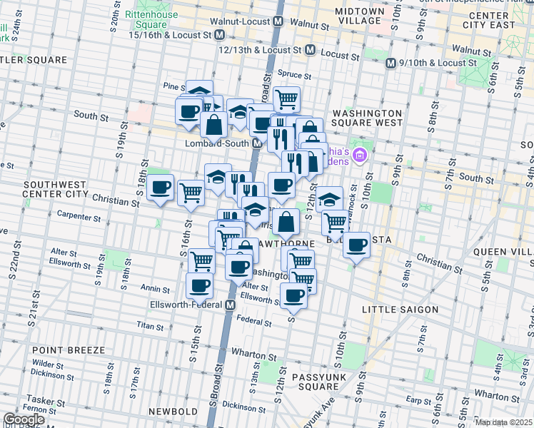 map of restaurants, bars, coffee shops, grocery stores, and more near 1327 Webster Street in Philadelphia