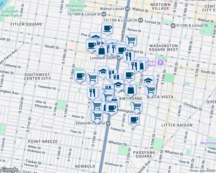map of restaurants, bars, coffee shops, grocery stores, and more near 1419 Christian Street in Philadelphia