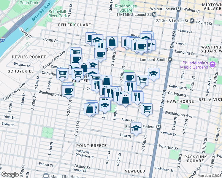 map of restaurants, bars, coffee shops, grocery stores, and more near 1832 Montrose Street in Philadelphia