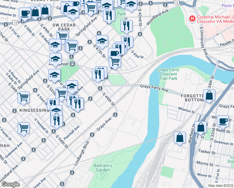 map of restaurants, bars, coffee shops, grocery stores, and more near 4814 Paschall Avenue in Philadelphia