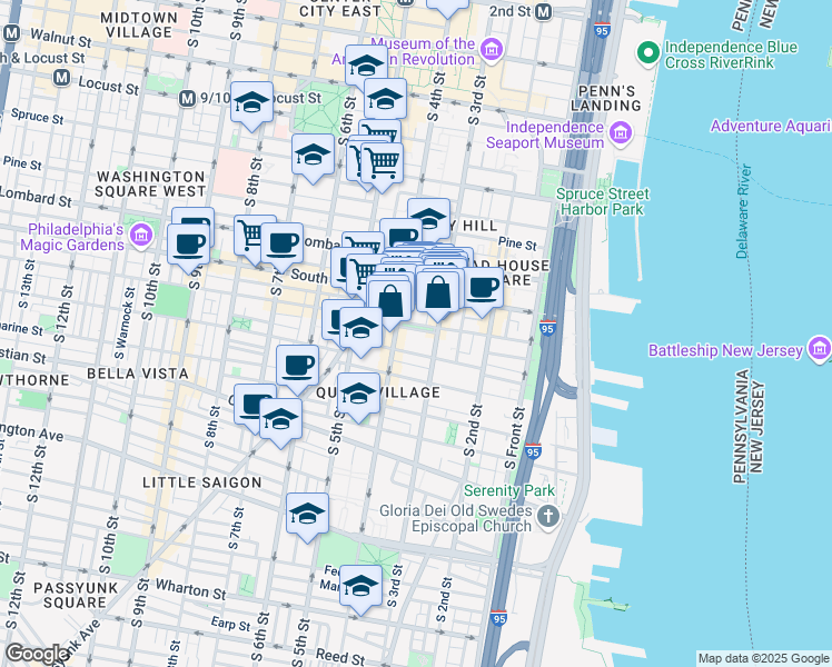 map of restaurants, bars, coffee shops, grocery stores, and more near 318 Bainbridge Street in Philadelphia