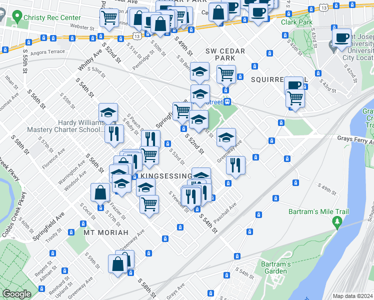 map of restaurants, bars, coffee shops, grocery stores, and more near 1344 South Wilton Street in Philadelphia