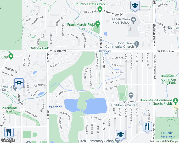 map of restaurants, bars, coffee shops, grocery stores, and more near 1647 Prairie Falcon Lane in Broomfield