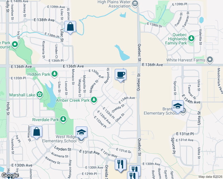 map of restaurants, bars, coffee shops, grocery stores, and more near 6752 East 135th Avenue in Thornton