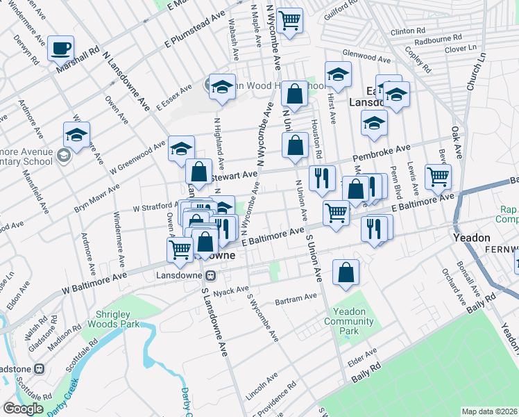 map of restaurants, bars, coffee shops, grocery stores, and more near 77 East Lacrosse Avenue in Lansdowne