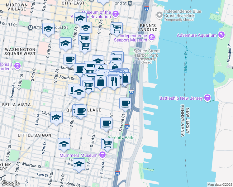map of restaurants, bars, coffee shops, grocery stores, and more near 629 South 2nd Street in Philadelphia