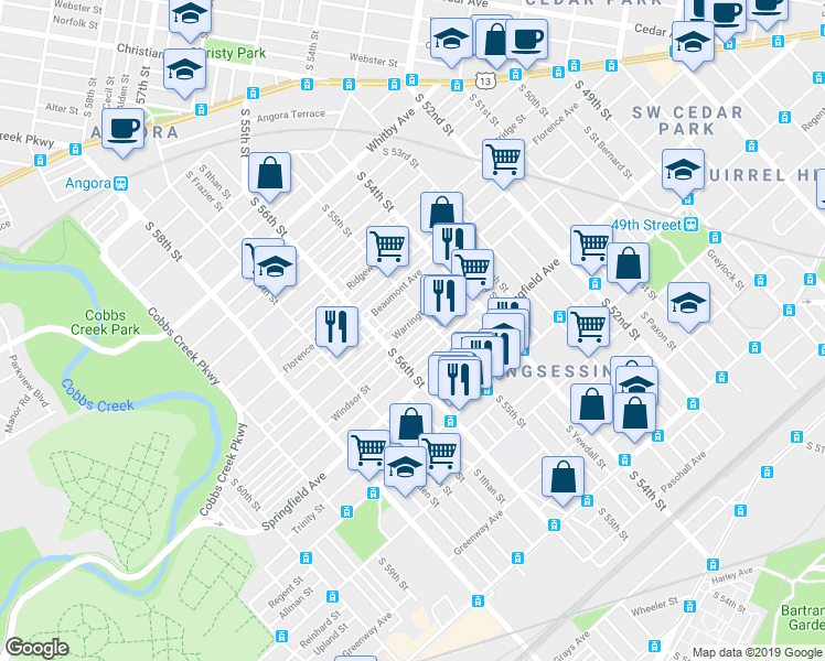 map of restaurants, bars, coffee shops, grocery stores, and more near 5518 Warrington Avenue in Philadelphia