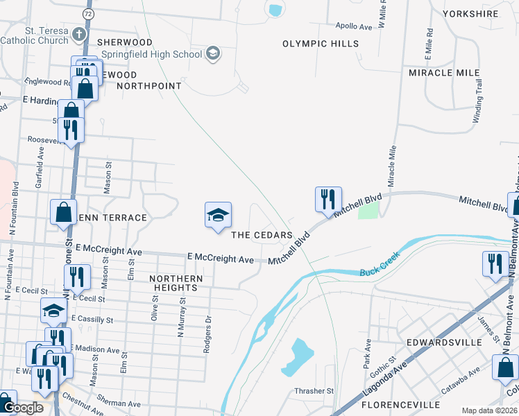 map of restaurants, bars, coffee shops, grocery stores, and more near 1377 East Cedarview Drive in Springfield