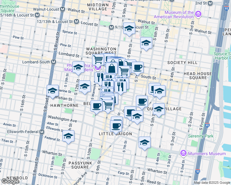 map of restaurants, bars, coffee shops, grocery stores, and more near 740 South Darien Street in Philadelphia