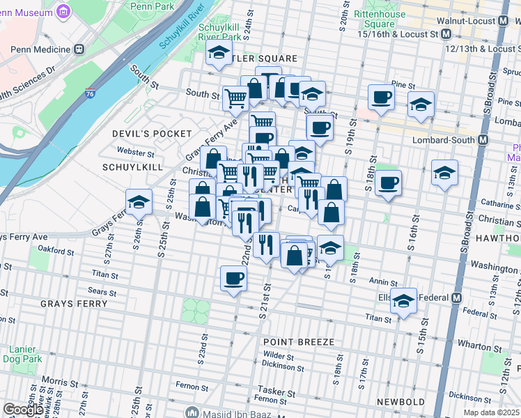 map of restaurants, bars, coffee shops, grocery stores, and more near 2135 Kimball St in Philadelphia