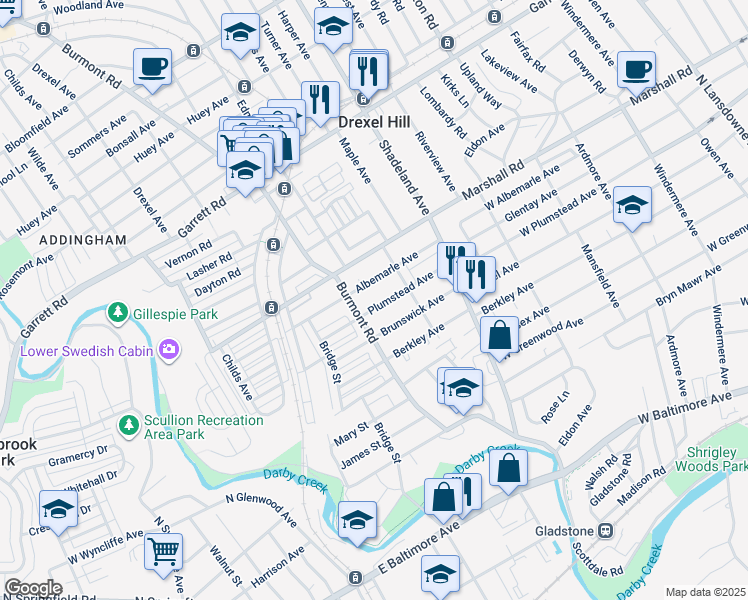 map of restaurants, bars, coffee shops, grocery stores, and more near 3433 Plumstead Avenue in Drexel Hill