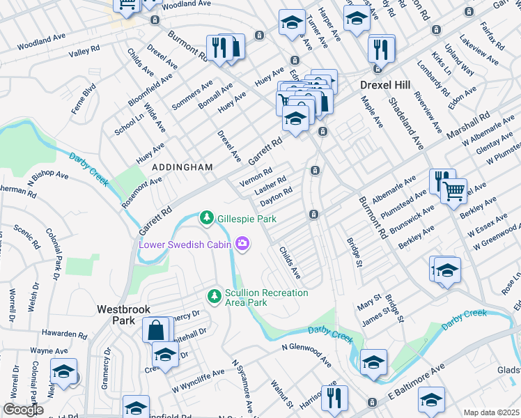 map of restaurants, bars, coffee shops, grocery stores, and more near 4050 Dayton Road in Upper Darby