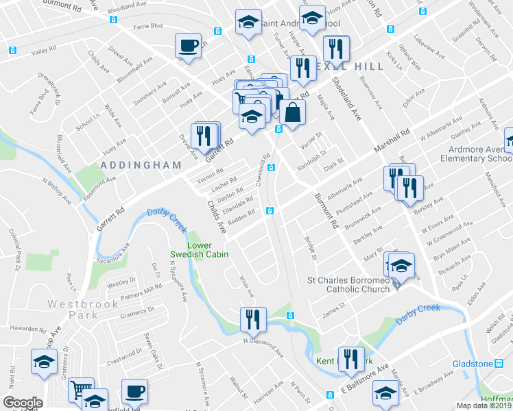 map of restaurants, bars, coffee shops, grocery stores, and more near 4001 Redden Road in Drexel Hill