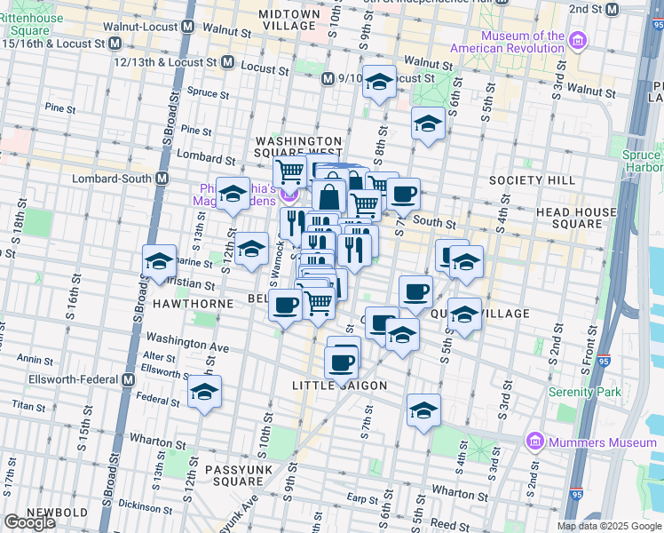map of restaurants, bars, coffee shops, grocery stores, and more near 745 South 9th Street in Philadelphia
