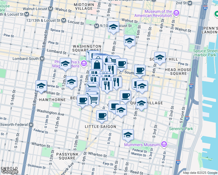 map of restaurants, bars, coffee shops, grocery stores, and more near 744 Fitzwater Street in Philadelphia