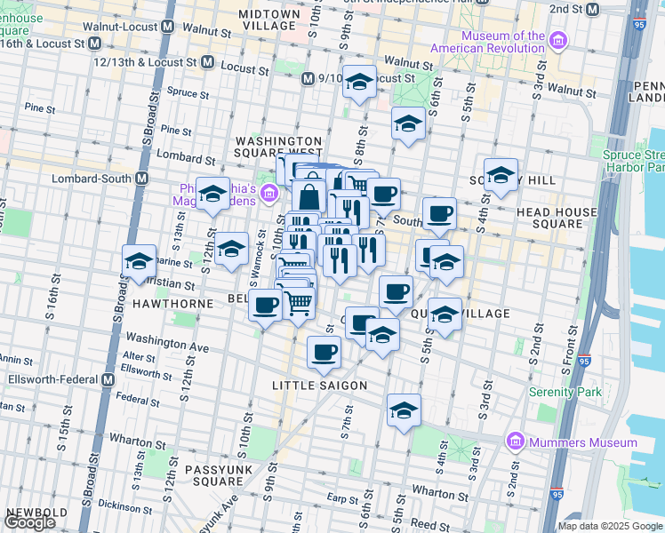 map of restaurants, bars, coffee shops, grocery stores, and more near 735 South Mildred Street in Philadelphia