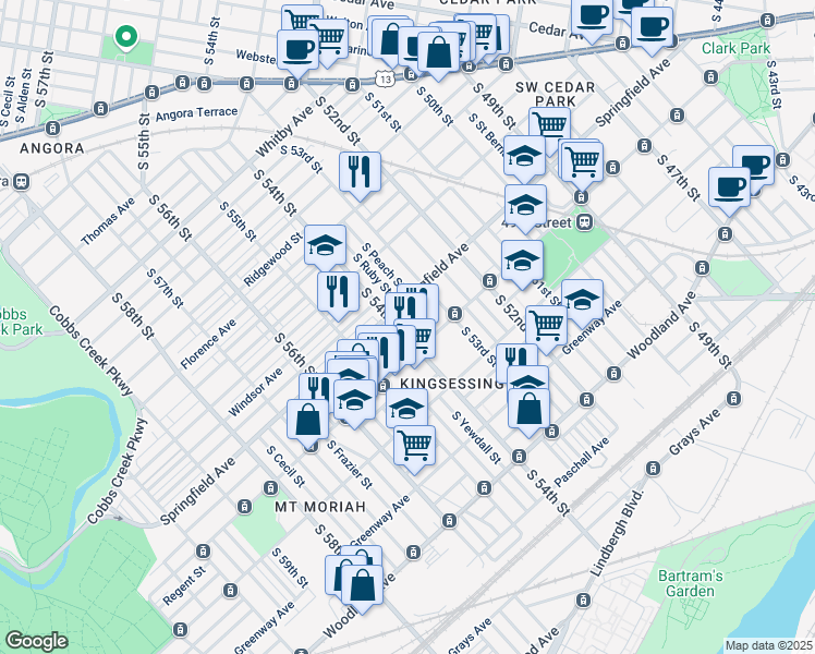 map of restaurants, bars, coffee shops, grocery stores, and more near 1415 South 54th Street in Philadelphia