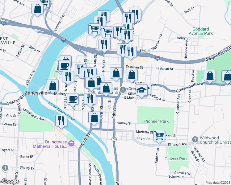 map of restaurants, bars, coffee shops, grocery stores, and more near 825 Main Street in Zanesville