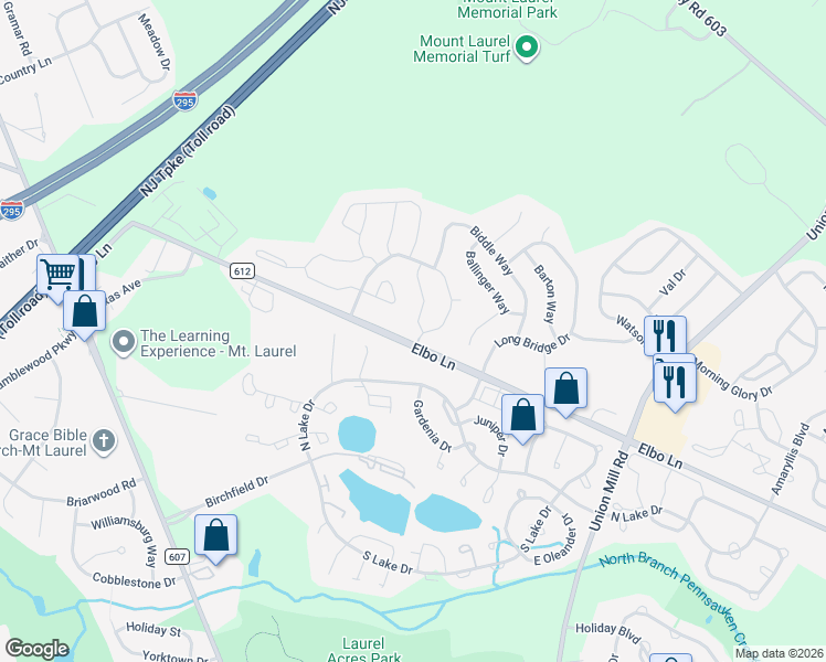 map of restaurants, bars, coffee shops, grocery stores, and more near 10 Elkington Drive in Mount Laurel Township