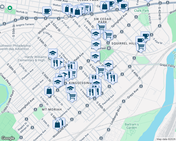 map of restaurants, bars, coffee shops, grocery stores, and more near 1323 South Lindenwood Street in Philadelphia