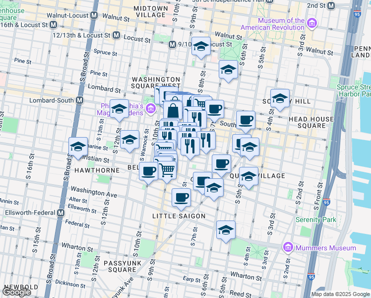 map of restaurants, bars, coffee shops, grocery stores, and more near 735 South Mildred Street in Philadelphia