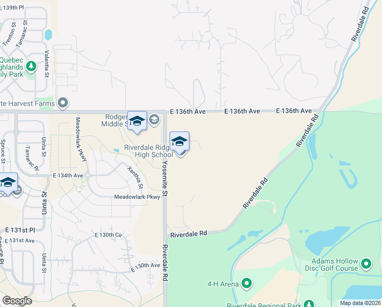 map of restaurants, bars, coffee shops, grocery stores, and more near 13411-13517 Yosemite Street in Thornton