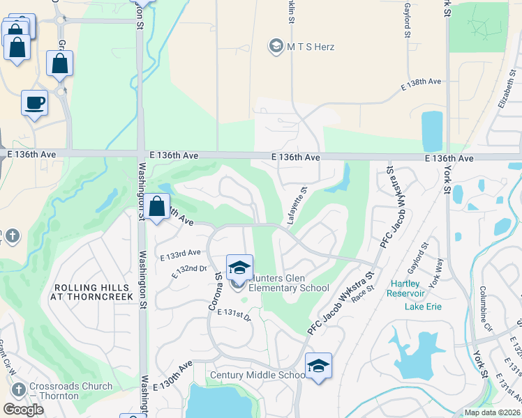 map of restaurants, bars, coffee shops, grocery stores, and more near 13425 Thorncreek Circle in Thornton