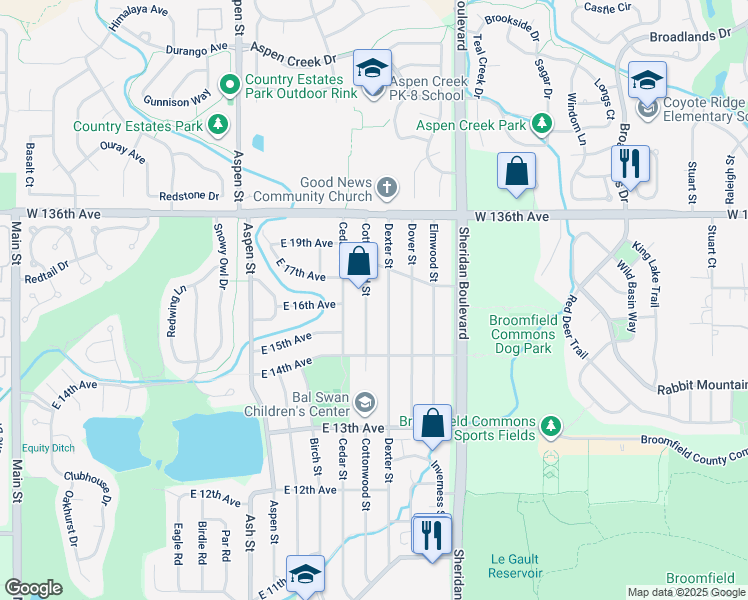 map of restaurants, bars, coffee shops, grocery stores, and more near 1689 Cottonwood Street in Broomfield